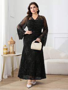 Modelyn Plus Size Women V-Neck Long Sleeve Ruched Elegant Lace Dress - Black - View 5
