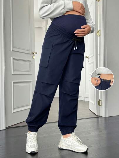SHEIN Pantalones cargo de mujer embarazada de unicolor casual con cordón en la cintura y atados en los tobillos