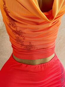 Soleia 女士渐变水钻海星装饰垂褶领上衣+迷你裙套装，适合假日、度假、音乐节、波西米亚风、海滩度假、日常通勤、复古风 - 亮橙色 - 查看 4