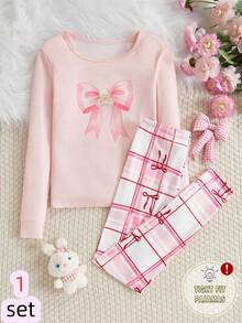 SHEIN Tween Girl Bow Print Long Sleeve Top And Plaid Leggings Pajama Set  Snug Fit Bow Pjs - Multicolor - View 6