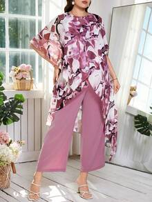 Reflora 大码夏季优雅扎染印花不对称下摆上衣和裤子两件套 - 彩色 - 查看 7