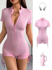 Lyxana Women's Solid Color Stand Collar Zipper Fitted Short Sleeve Jumpsuit - Pink - View 3