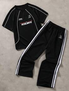 Mirajuku 2pcs/Set Teenage Boys' Casual Letter Print Round Neck T-Shirt And Sports Pants Set - Black - View 3