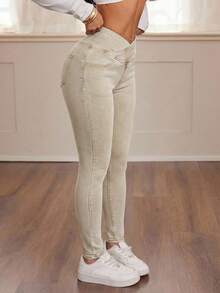SHEIN PETITE Women's Fall Autumn Winter Back To School Homecoming Halloween Christmas Y2k Cute Gym Streetwear Birthday Club Airport Women Casual Washed Overlap Waist Slim Fit Blue Jeans High-Waisted Stretchy Skinny Jeans For Women - Perfect Fit For Everyday Wear Casual Blue Denim Skinny Jeans With Soft Fabric And Flattering High-Waist Design - Khaki - View 5