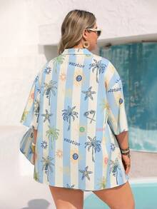 Vivid Eden Conjunto de 2 piezas de camisa tipo kimono y pantalones cortos con estampado de hojas azules para mujer de talla grande para verano - Multicolor - Ver 2