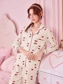 Bonmuse 22pcs Valentine's Day Heart Print Long Sleeve Top And Pants Pajama Set, Casual Loose Fit Homewear Suitable For Indoor And Outdoor, Spring/Summerfor Summer - Multicolor - View 6