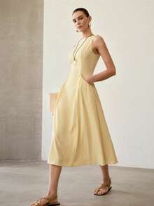 MOTF PREMIUM SOLID SLEEVELESS SLANT POCKET DRESS - Yellow - View 5