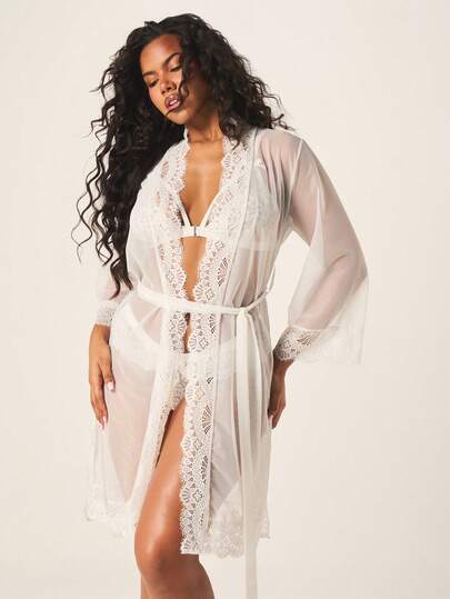 MISSGUIDED Roupão de Chiffon com Renda Branca Luxuoso para Mulheres, com Mangas Longas, Decote em V, Cintura Cintada, Roupa Íntima para Noiva
