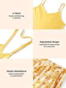LUVLETTE 性感露背设计黄金缎面睡衣套装 - 时尚吊带上衣和印花阔腿裤，四季皆宜的家居服 - 黃色 - 查看 7