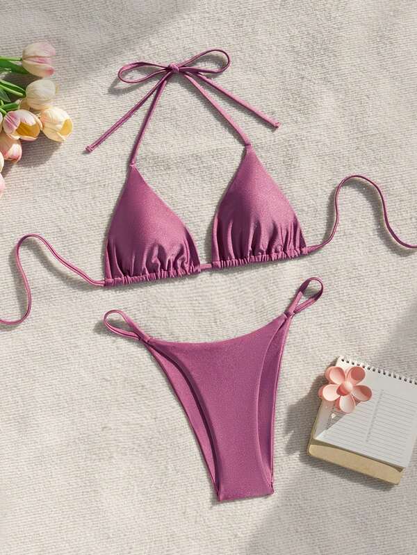 Swim Vcay Conjunto de bikini de 2 piezas con tirantes finos y corte alto lateral, color morado brillante, para la temporada primavera/verano 2026