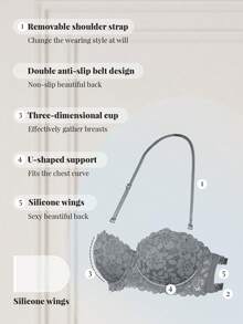 1pc Lace Backless Underwire Bra, Small Bust Enhancing Seamless Strapless Camisole Bra - Grey - View 3