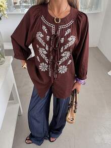 DAZY Women's Casual Commuter Floral Embroidery Tie-Front Shirt - Brown - View 3