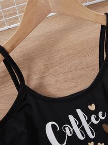 女童时尚可爱咖啡印花短裤和吊带背心两件套休闲家居服套装 - 黑色 - 查看 7