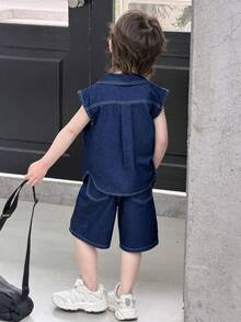DAZY Young Boy Summer Casual Front Button Flap Pocket Denim Vest And Denim Shorts Set - Blue - View 6