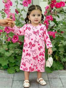 SHEIN Girls' Spring/Autumn V-Neck Long Sleeve Butterfly Print Long Dress, Fashionable And Stylish Casual Outerwear - Pink - View 7