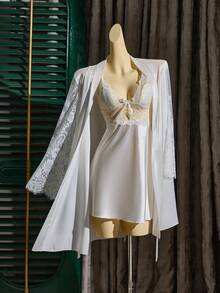 Sexy & Innocent White Lace Splice V-Neck Camisole Satin Nightgown And Tie-Waist Robe With Bell Sleeves Women Sleepwear Set - White - View 7