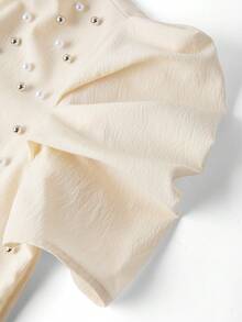 Amorya 夏季优雅女士杏色双色珍珠装饰泡泡袖收腰A字短袖迷你连衣裙 - 杏色 - 查看 9