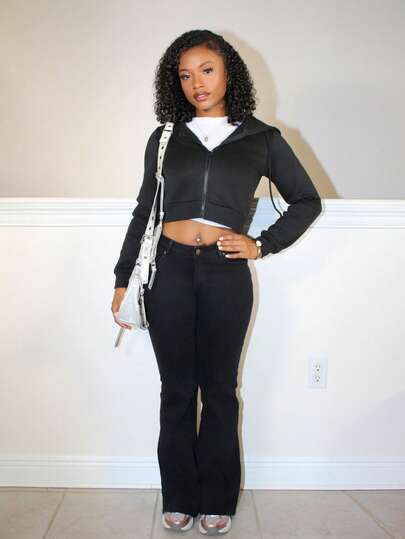 Steph T 女士纯色前扣口袋简约休闲喇叭牛仔裤 Y2K街头风低腰牛仔裤