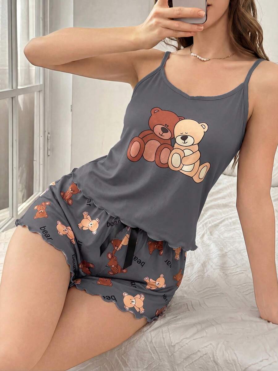 SHEIN 两件套小熊印花吊带背心和短裤睡衣套装 - 彩色 - 查看 1