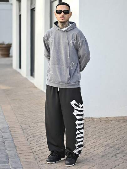 Devon Thys 男士复古街头图案印花抽绳连帽衫，常规版型休闲舒适口袋套头衫，适合日常穿着