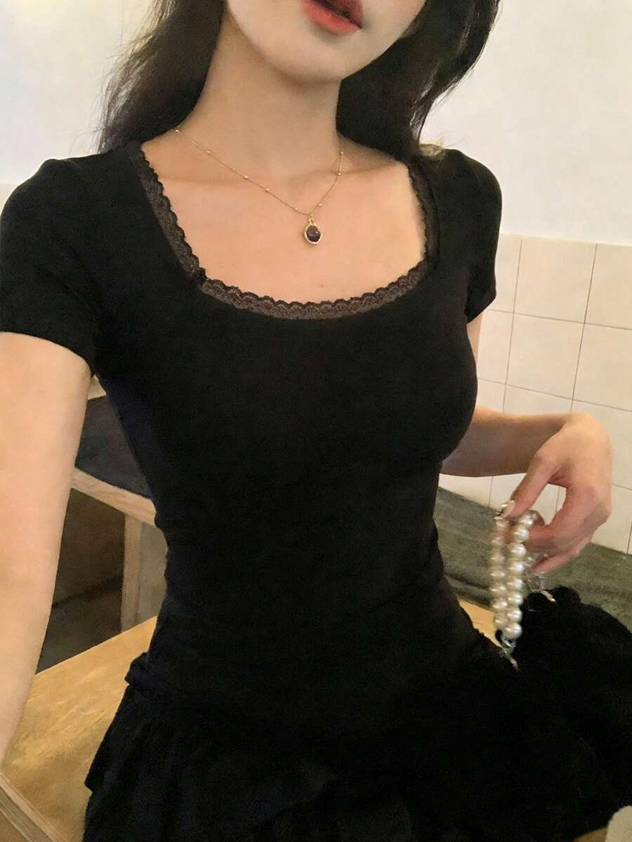 DAZY 女士撞色蕾丝短袖修身T恤 夏季 - 黑色 - 查看 1