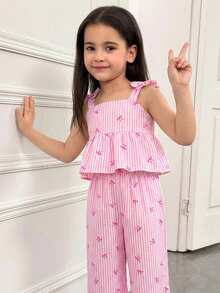 Emery Rose Kids Emery Rose Kids Bộ đồ thể thao thường ngày cho bé gái, thích hợp đi học, nghỉ hè, đi làm, gồm áo hai dây dáng chữ A phối họa tiết, thắt nơ và sọc, kết hợp cùng quần ống rộng cũng phối họa tiết. - Hồng - Xem 8