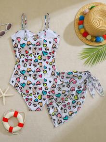 SHEIN 少女爱心印花连体泳衣，配同款迷你裙，适合海滩度假、泳池派对、沙滩派对 - 彩色 - 查看 3