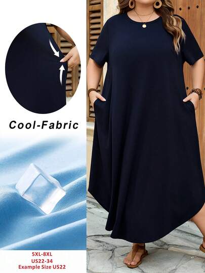 SHEIN CURVE+ Vestido maxi de mujer talla grande de unicolor, cuello redondo, manga corta, asimétrico, vestido casual cómodo para vacaciones, viajes y playa