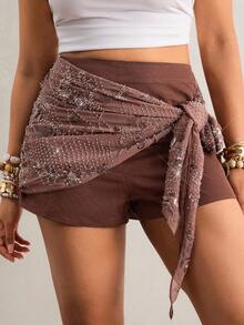 Freevana Plus Size Women Floral Sequin Side Knot High Waist Skirt Pants Chocolate Brown,Autumn,Boho,Beach Rave Festival Outfits Vintage Western Gothic Style - Coffee Brown - View 8