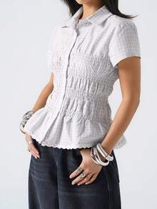 LYSMO Women's Casual Checkered Print Ruffle Hem Fitted Blouse, Suitable For Daily Wear And Commuting - White - View 4