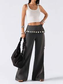 LYSMO 2026 New Arrive Minimalism Spring/Summer Women's Casual Flared Pants With Waist Fold Design And Buttons - Dark Grey - View 6