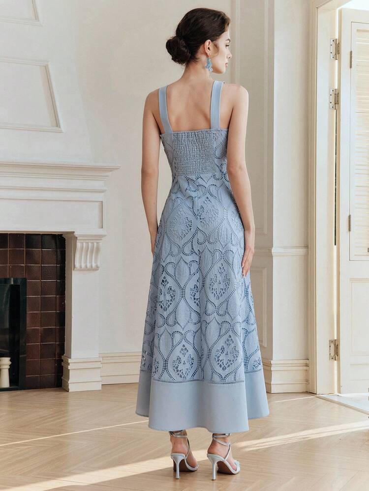 Petite Women's Sleeveless Patchwork Embroidered Dress, Elegant Ladies Summer Dress, Blue Dress
