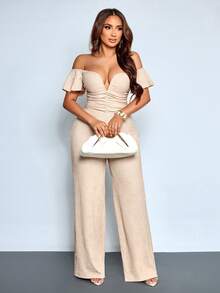 SOLERSUN Women's Fashionable Elegant V-Neck Off Shoulder Ruffle Sleeve Party Night Club Sparkly Fabrics Jumpsuits, Slim-Fit Wide Legs Elegant Party/Date Night Romper - Apricot - View 7