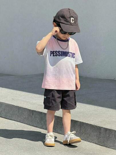 2pcs/Set Young Boys' Casual Korean Style Comfortable Versatile Printed Graphic Tee And Cargo Shorts Set, Suitable For Spring And Summer