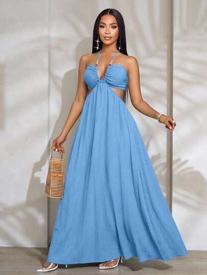 SOLERSUN Women's Solid Color Cotton Linen Halter Neck Strapless A-Line Dress, Suitable For Vacations, Casual Vacations, Beach Dresses, Colorful Vacation Dresses, Fashionable Vacation Dresses, Everyday Work Dresses, Music Festival Dresses, Dresses.