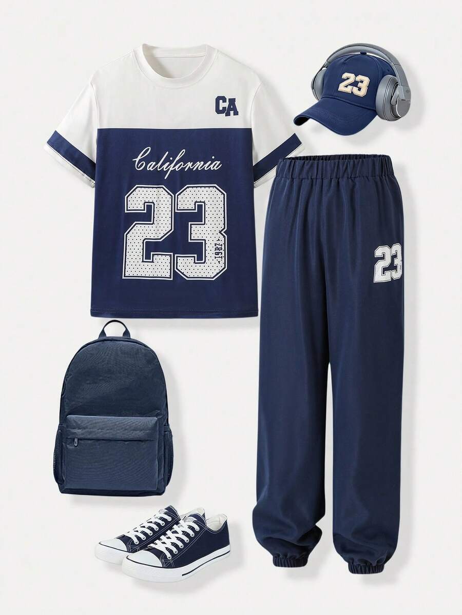 Casuvi Kids Tween Boys Casual Knitted Fabric Short Sleeve Tee And Sweatpants Co-Ords With Letter Pattern And Pockets Sporty Outfit Set - Multicolor - View 1