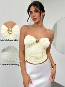 Firerie Áo ống ôm sát thời trang dành cho nữ, họa tiết kim loại phong cách Y2K. - Màu vàng - Xem 9