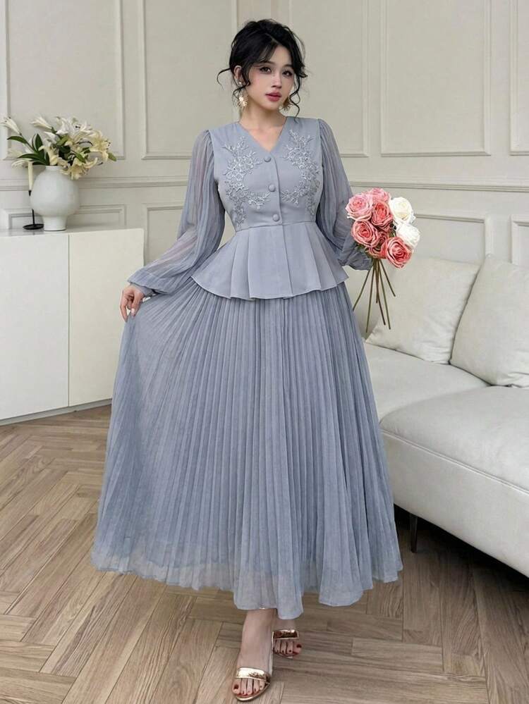 Pleated Embroidered 3D Floral Midi Dress For Wedding Guest Party Sundress