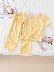女婴睡衣套装 - 两件套蝴蝶印花睡衣套装，短袖圆领上衣搭配长裤，松紧腰带，轻薄柔软弹力，夏季睡衣家居服，节日礼物，2026必备，可爱粉嫩蜜桃色 - 黃色 - 查看 1