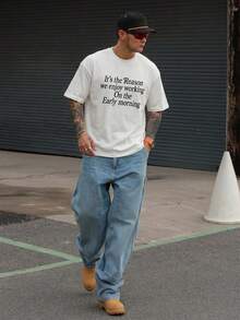 DAZY Men's Letter Print Round Neck Short Sleeve White T-Shirt, Summer - White - View 5