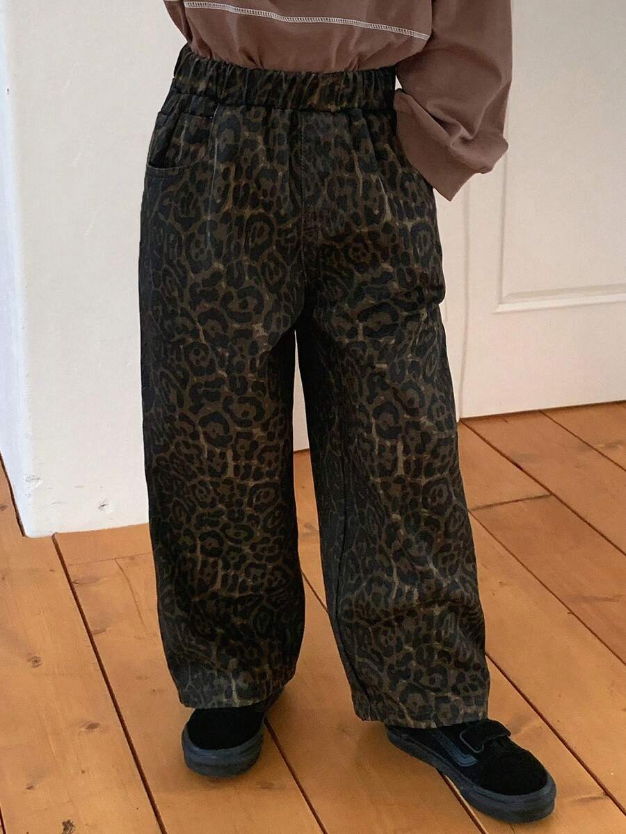 DAZY Young Boys Elastic Waist Leopard Print Casual Loose Straight Leg Jeans - Brown - View 1