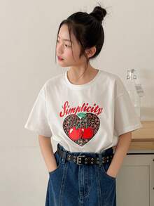DAZY Tween Girls' Casual Vacation & Commute Fashion Leopard, Heart, Cherry, Letter Print Loose Fit T-Shirt, Summer - White - View 1