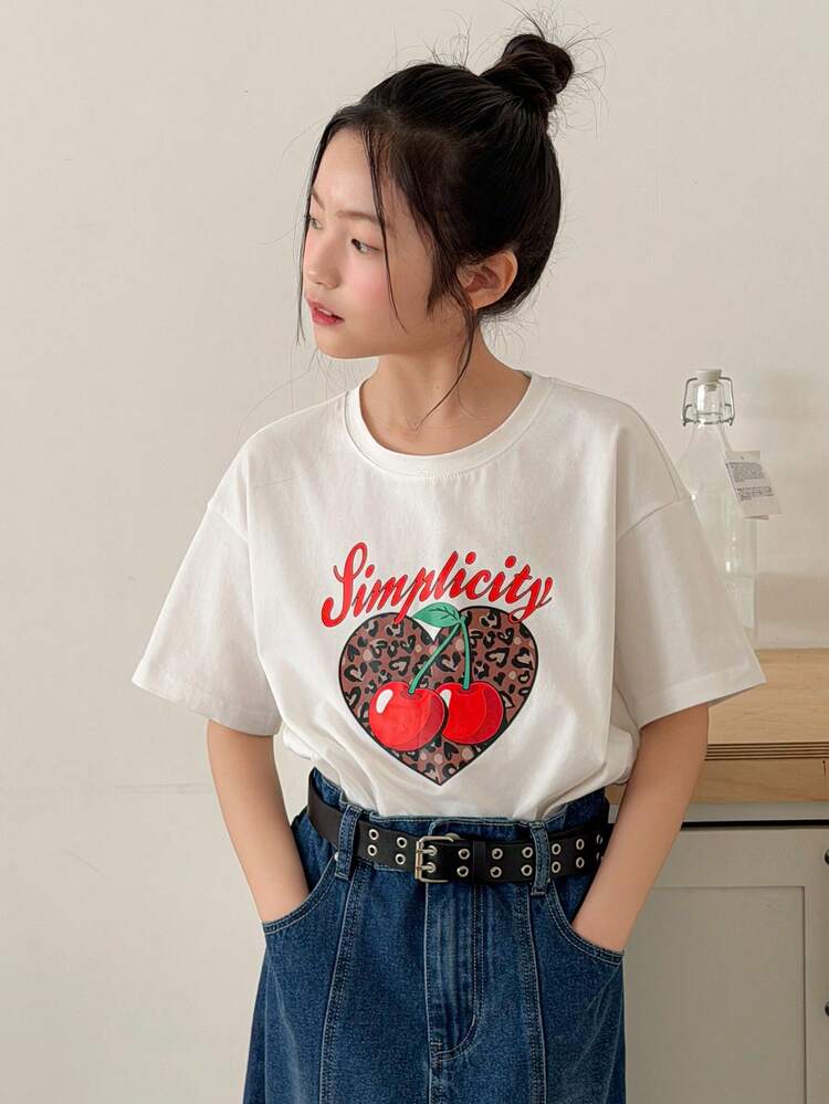 Tween Girls' Casual Vacation & Commute Fashion Leopard, Heart, Cherry, Letter Print Loose Fit T-Shirt, Summer