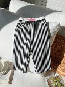 SHEIN LMoss Kids Quần dài cạp chun kẻ sọc hồng dễ thương, đa năng cho bé gái, thích hợp cho mùa xuân/hè. - màu đen - Xem 3