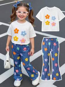 Camiseta de manga corta con cuello redondo y bordado floral colorido + Pantalones acampanados con estampado floral y cintura elástica para niñas pequeñas, conjunto de verano vibrante adecuado para ocasiones casuales, de vacaciones y de fiesta - Blanco - Ver 3