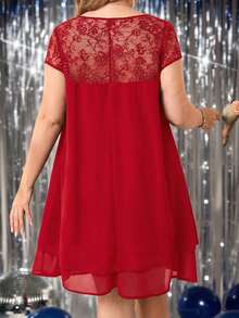 Reflora Plus Size Elegant Lace Patchwork Double-Layer Knee-Length Dress For Women, Summer - Red - View 2