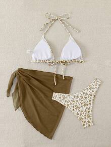 SHEIN Swim Mod Women's Summer Beach Ditsy Floral Halter Tie Sexy Bikini Set With Coverup And Skirt - Mocha Brown - View 2