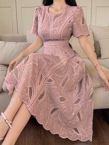 DAZY 女士优雅花卉蕾丝圆领花瓣袖中长连衣裙，夏季吊带裙 - 粉色 - 查看 5