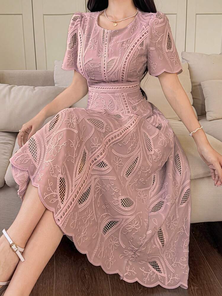 Women's Elegant Floral Lace Round Neck Petal Sleeve Mid-Length Dress, Summer Sundress