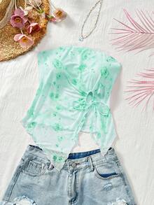 KARISMINA Top de mujer de ajuste ceñido, estampado, con escote sin tirantes y bajo regular/asimétrico, de malla tejida, para vacaciones, tops de verano - Verde - Ver 7